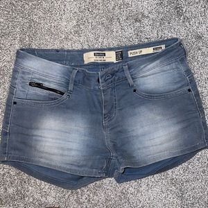 Bershka high-waisted blue stretchy shorts